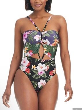 Bar III Black NWT Green Purple Tropical Heat SEXY Cutout One-Piece Swimsuit